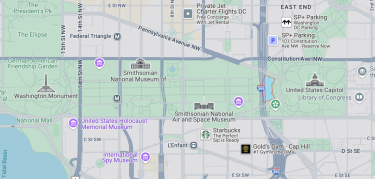 Screenshot of Google Maps showing the D.C. Mall and the location of the Capitol Reflecting Pool